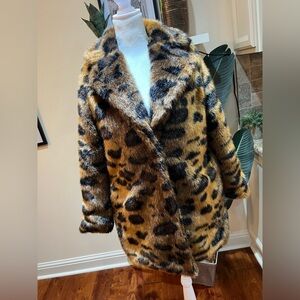 Nasty Gal Leopard Print Long Sleeve Faux Fur Coat Large